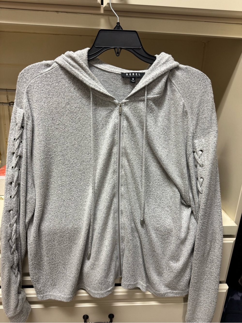 rebels Light Gray Hooded Zip-Up Sweater with Lace-Up Sleeves
